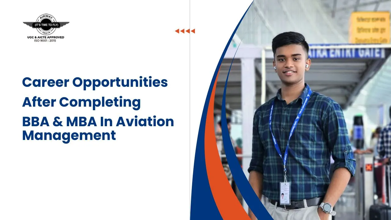 Student standing in front of an airport, representing career opportunities after BBA & MBA Aviation Management College