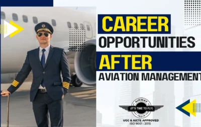 tudent of BBA in Aviation Management standing in front of an airplane, representing career opportunities in the aviation industry