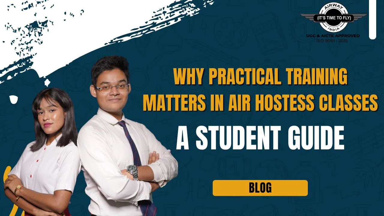 Student practicing airline safety drill in air hostess classes