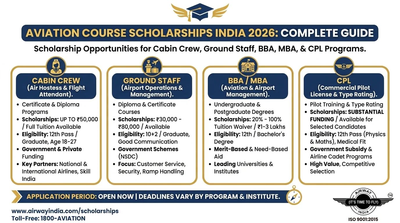 Aviation course scholarship India 2026 for BBA MBA cabin crew and CPL programs