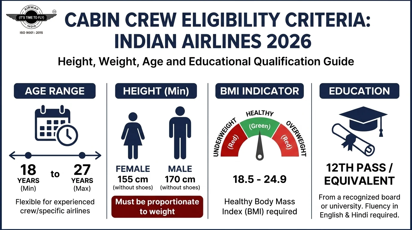 Cabin crew eligibility requirements India 2026 height weight age criteria