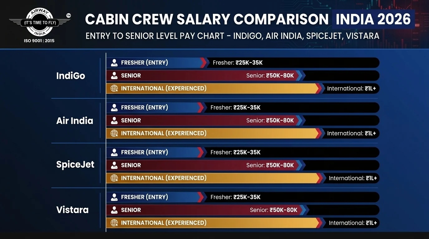Cabin crew salary comparison India 2026 IndiGo Air India SpiceJet monthly pay