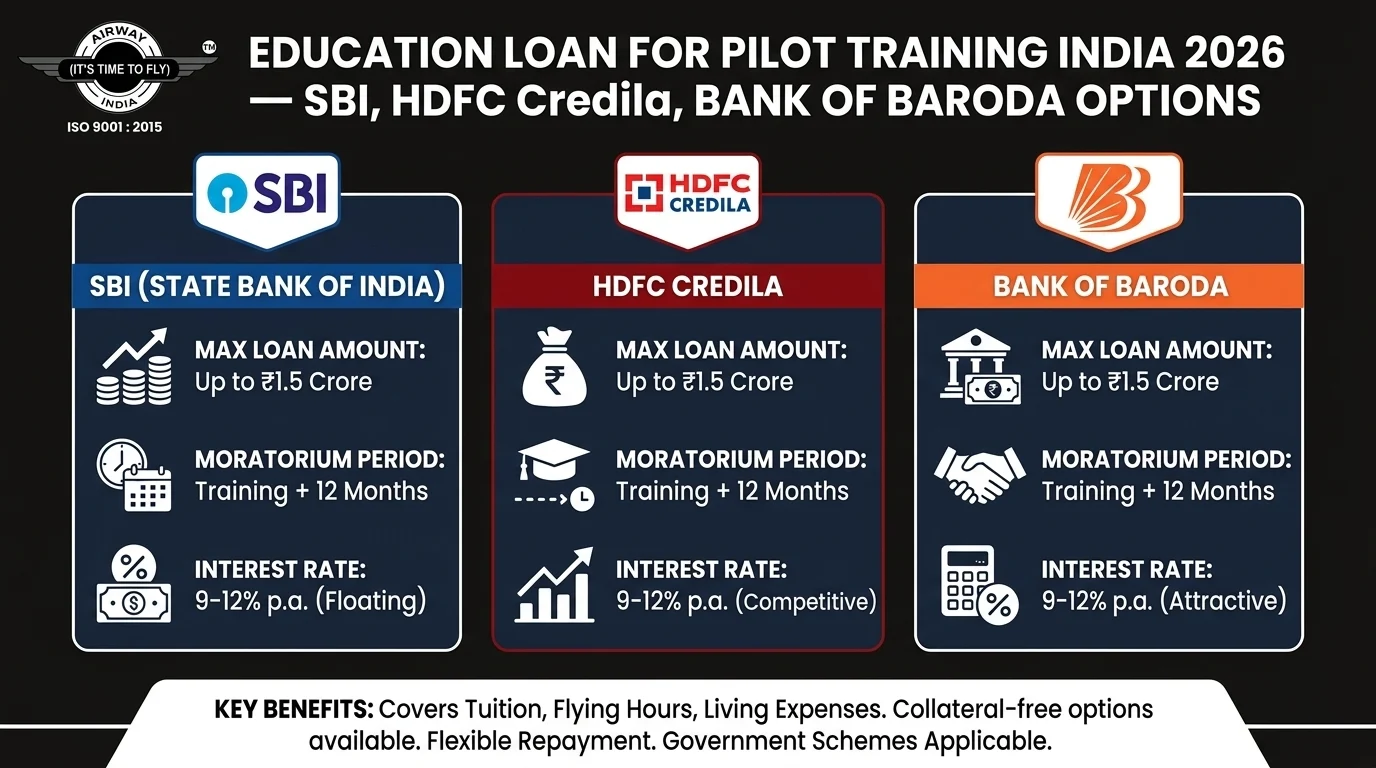 Education loan for pilot training India 2026 SBI HDFC Bank of Baroda options