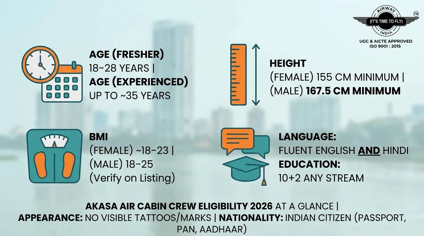 Akasa Air cabin crew eligibility criteria 2026 age height BMI chart