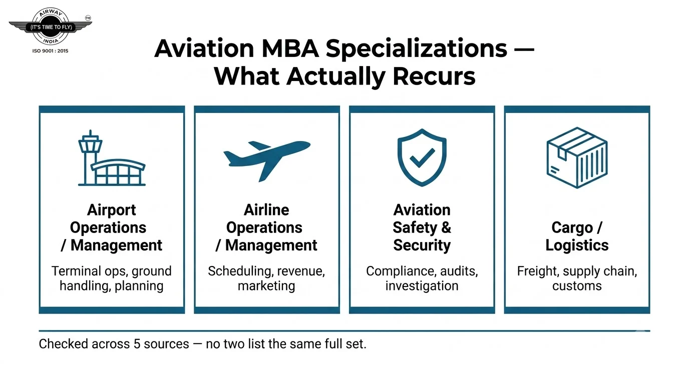Five-source aviation MBA specialization taxonomy comparison